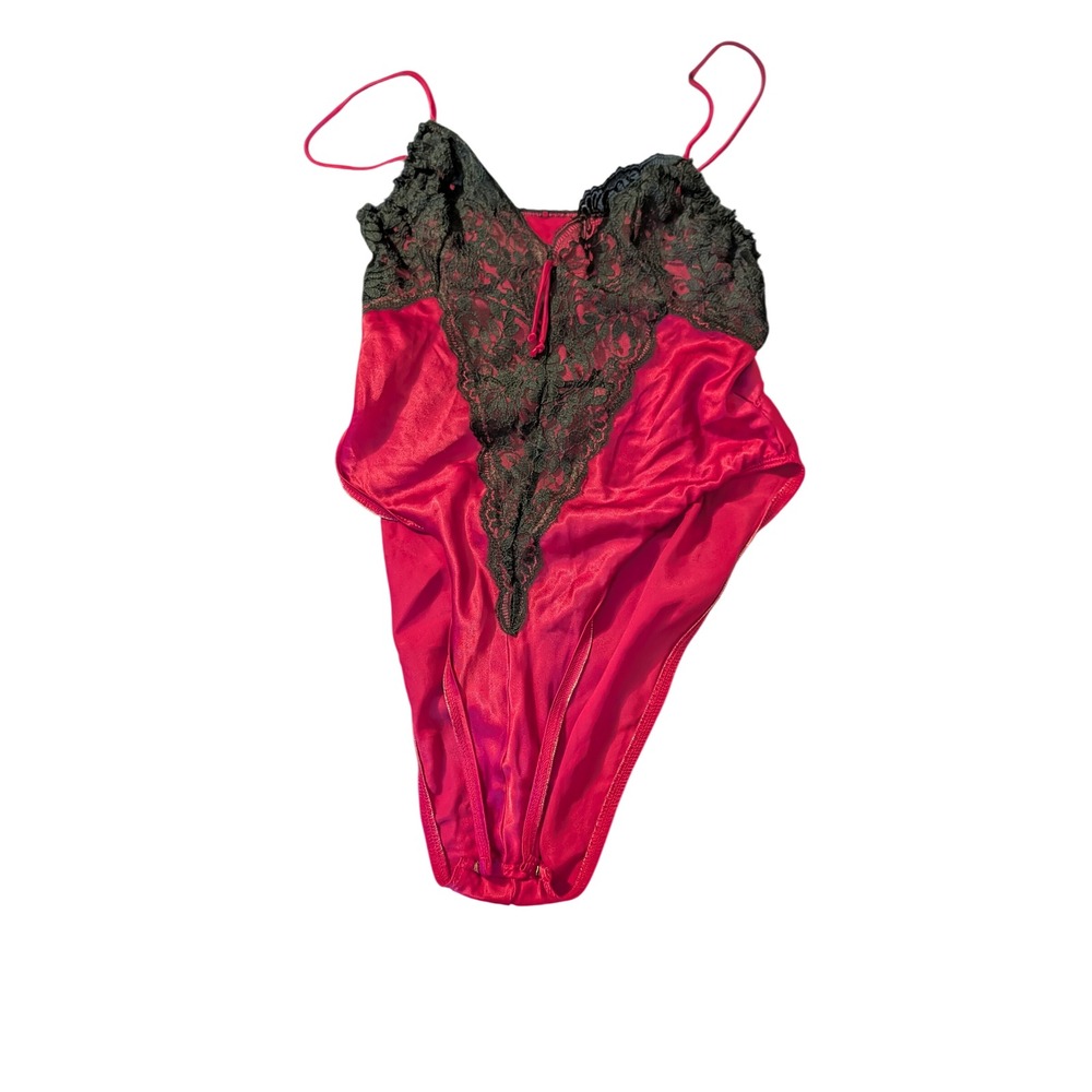 Vintage Laura Faye Red Satin Black Lace Bodysuit Coquette Romantic Large